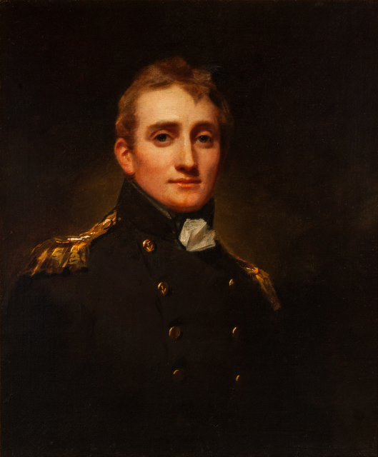 A portrait of a man dressed in a black double uniform with gold epaulettes against a dark background. The man is turned slightly and looks directly at the viewer.
