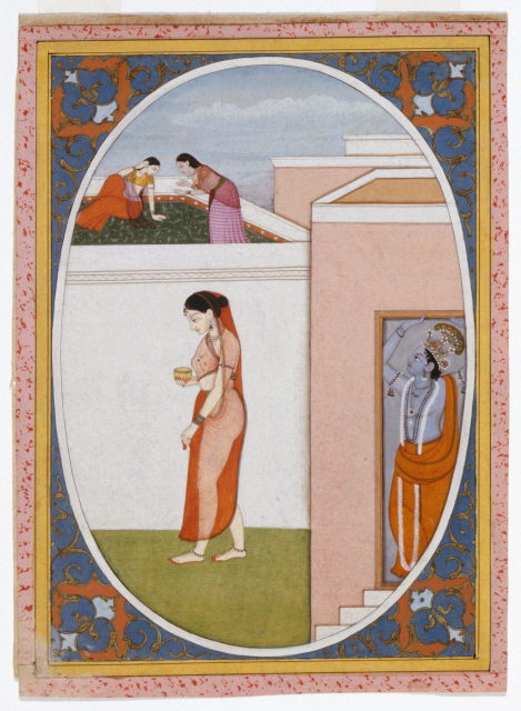 Oval-shaped painting of a female figure (Radha) wearing a transparent garment walking in a walled courtyard. She is observed by a male figure (Krishna) who stands in a doorway.