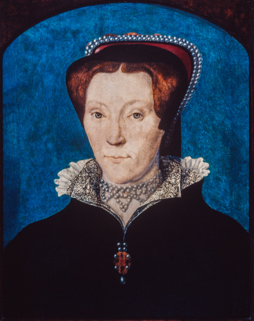 A portrait of a woman in black against a blue background. She wears an ornate pearl necklace beneath a ruffled white collar. Her red hair is tucked into a headpiece with pearls.